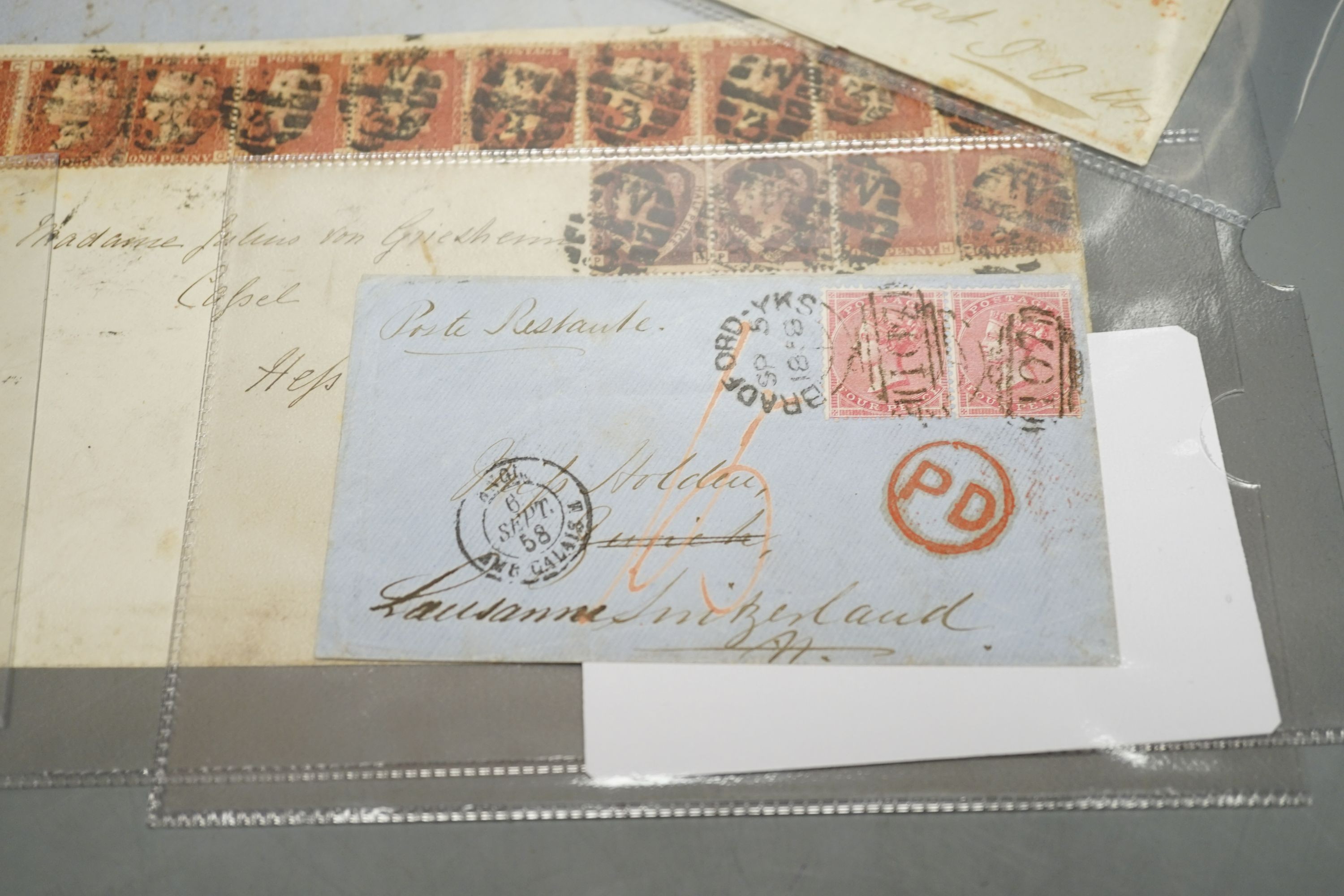 Great Britain group of seven covers with Dec. 1840 1d black plate 4, Feb. 1841 1d black, pair plate 8 to Southampton, Apr. 1841 1d black plate 7, 1856 2d blue. Two large covers with 1d reds and 1858 2d blue. 1858 pair 4d